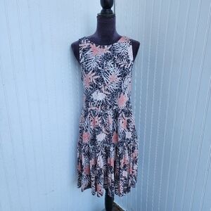 Lascana Coral Pink Botanical Midi Dress Crew Neck Sleeveless Gray Leopard Size 6